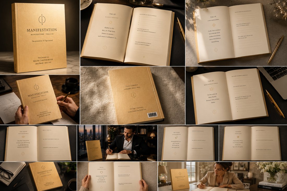 MANIFESTATION – Gold-Hardcover, Produkt- und Seitenansichten